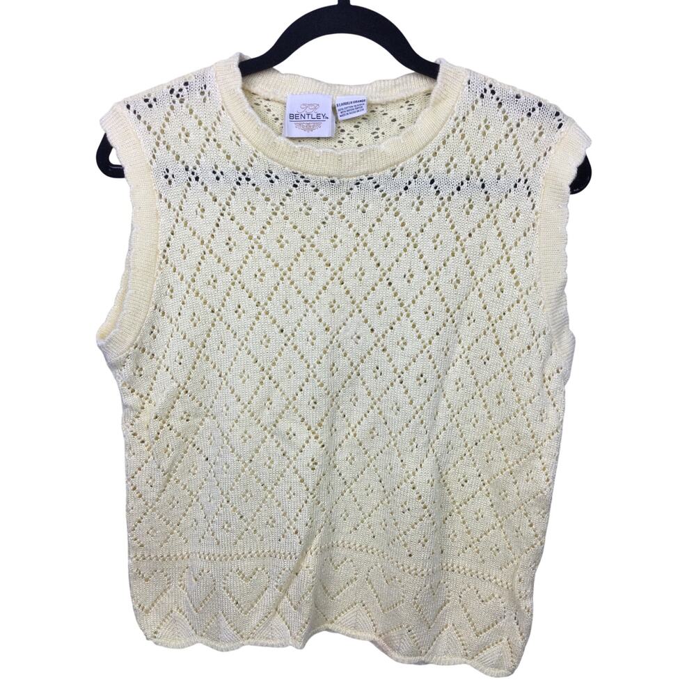 JR Bentley Butter Yellow Cottagecore Scalloped Open Knit Pullover Vest Size XL